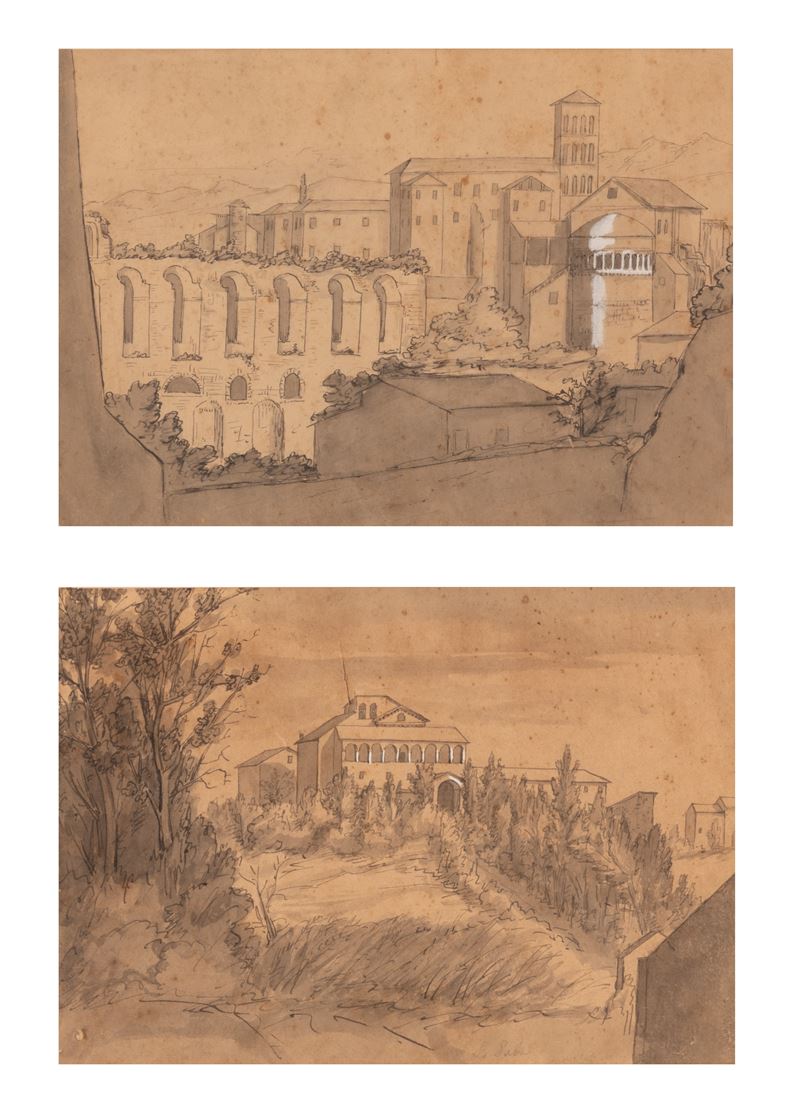 Lotto di due disegni raffiguranti vedute di Roma