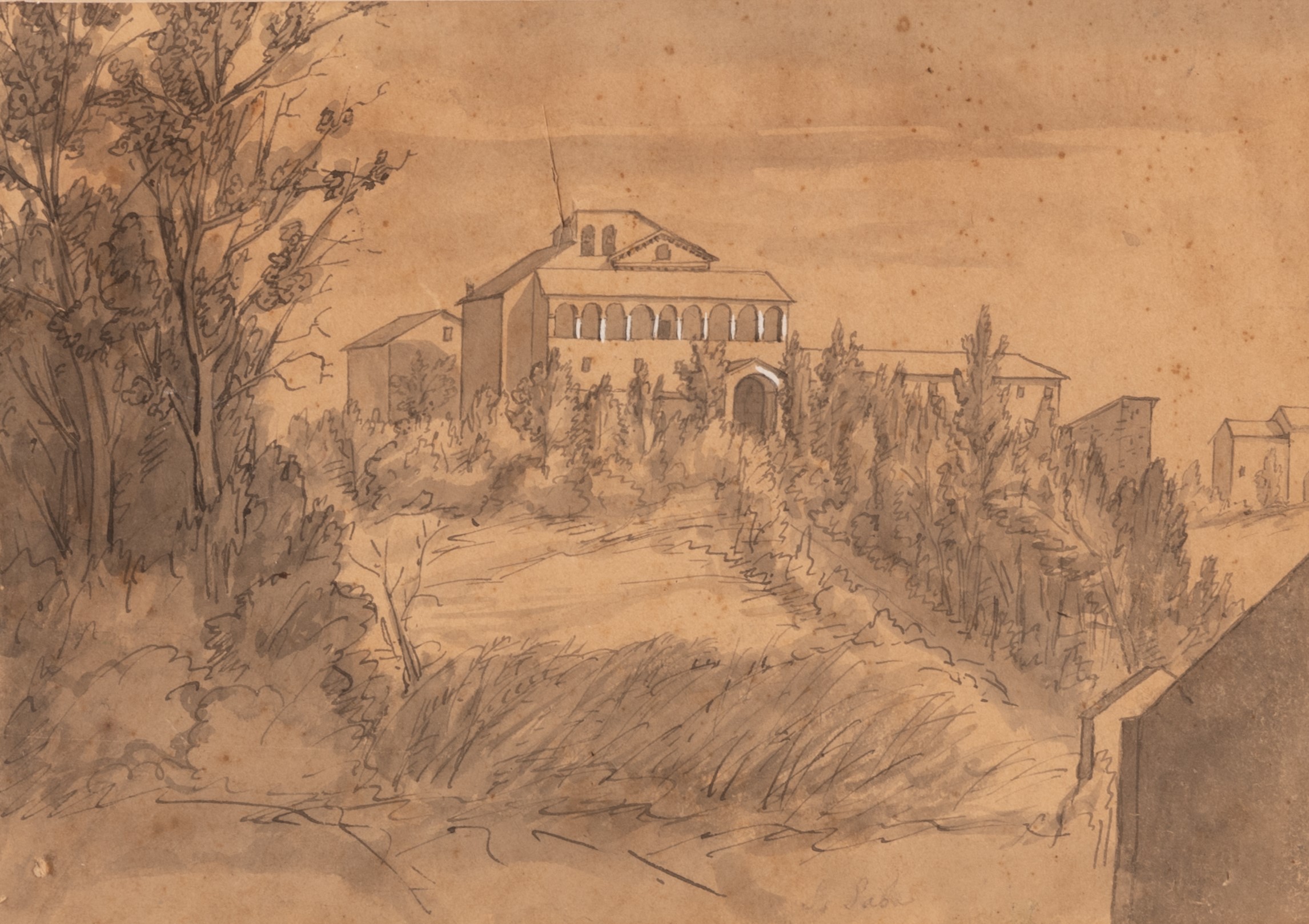 Lotto di due disegni raffiguranti vedute di Roma