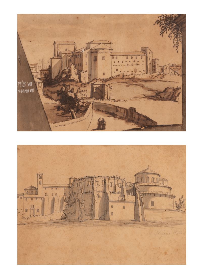 Lotto di Due Disegni Raffiguranti Vedute di Roma
