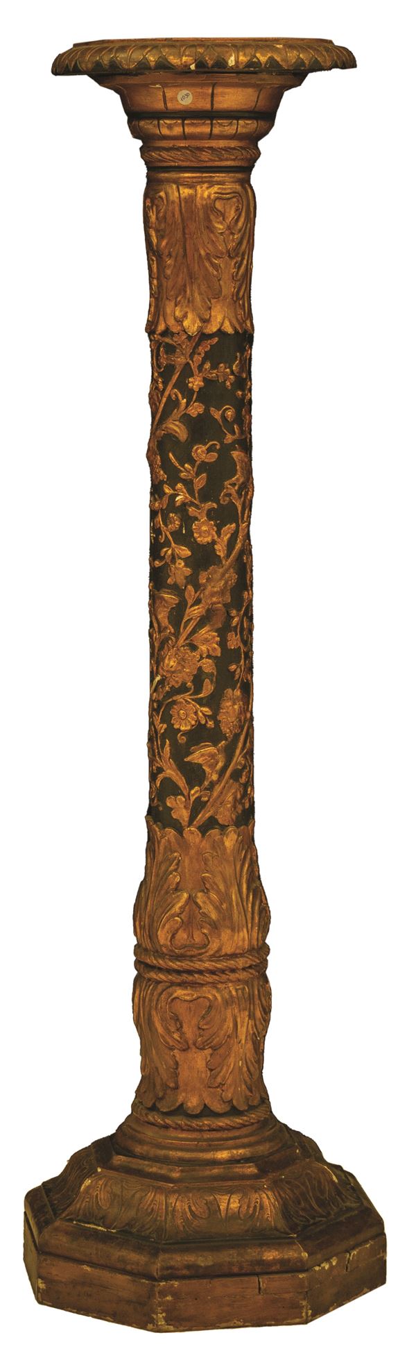 Colonna in legno laccato a dorato in stile Rinascimento. Centro Italia, XIX secolo