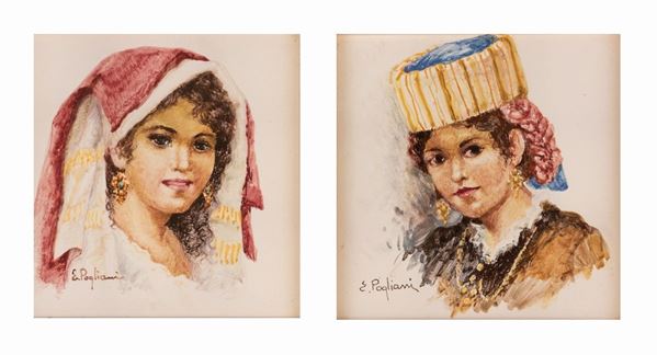 E. Pagliani - Coppia di mattonelle dipinte raffiguranti popolani in costume tradizionale