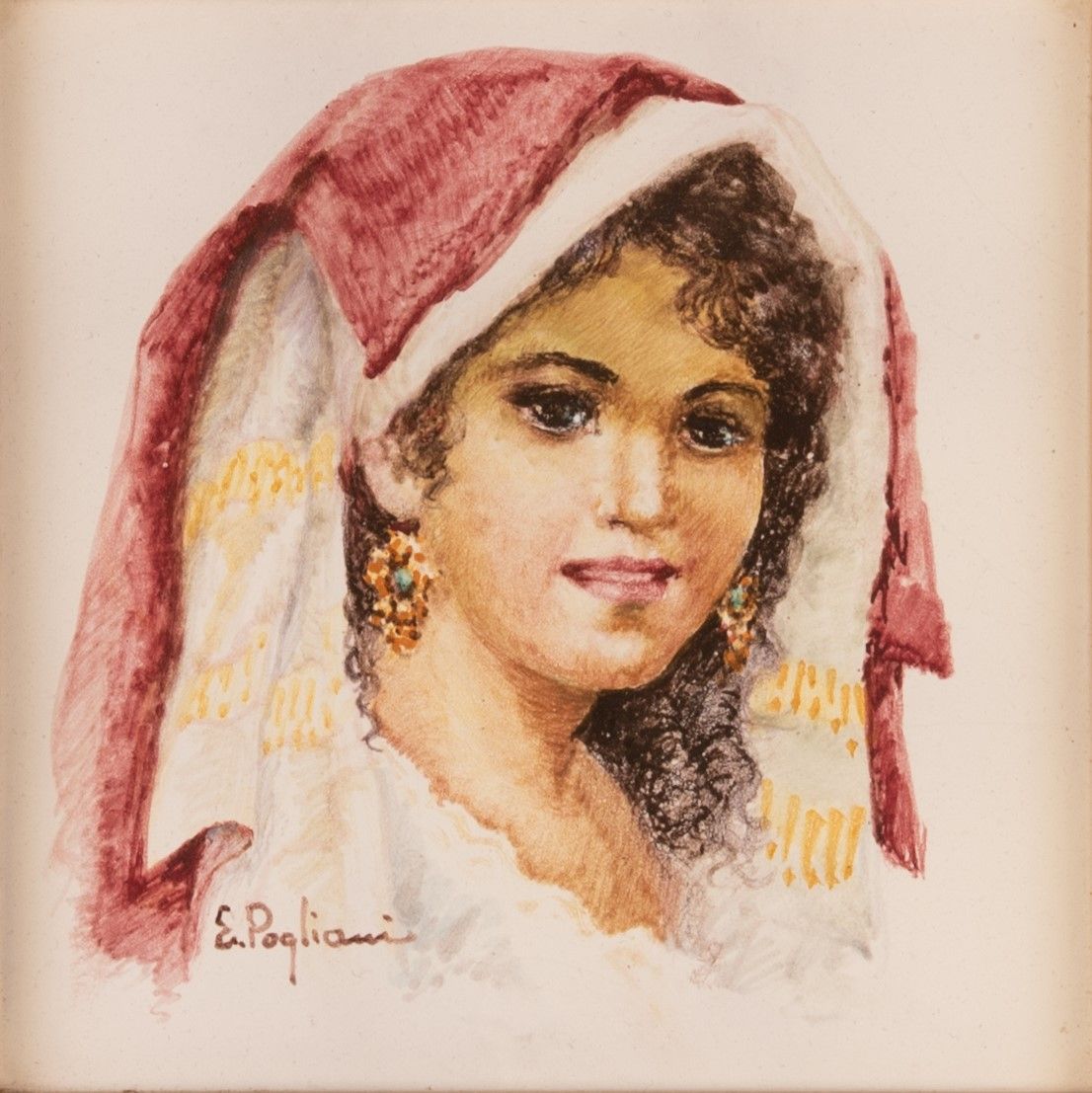 E. Pagliani - Coppia di Mattonelle Dipinte Raffiguranti Popolani in Costume Tradizionale