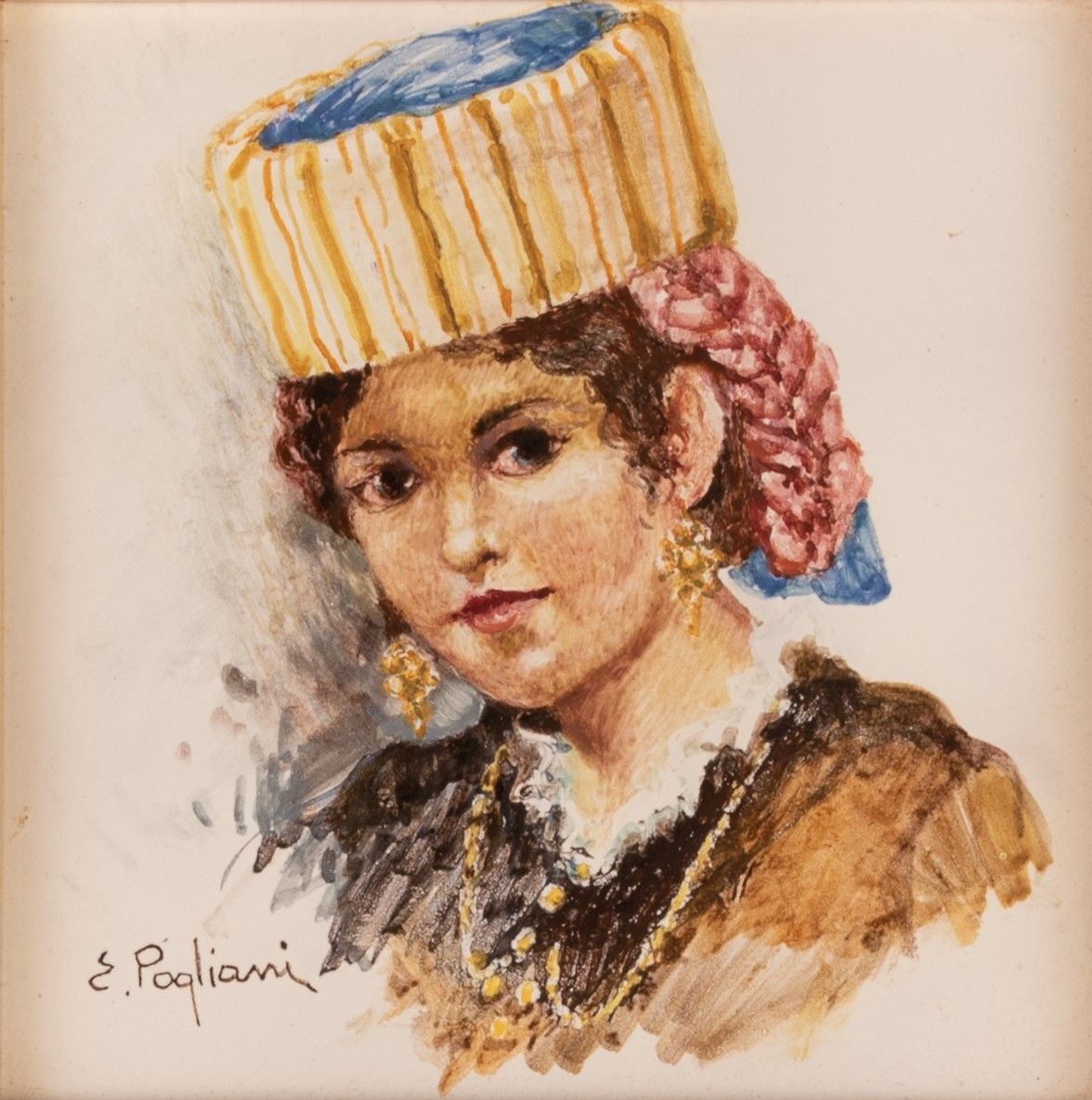 E. Pagliani - Coppia di Mattonelle Dipinte Raffiguranti Popolani in Costume Tradizionale