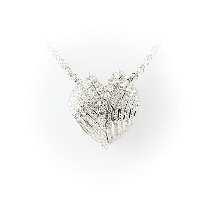 Collana in Oro Bianco Recarlo con Ciondolo Passante su Catenina Rouleaux a Forma di Cuore Compost...