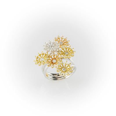 Anello Fantasia Recarlo con 6 Fiori Montati a Oro Bianco, Giallo e Rosa con Diamanti Bianchi Tagl...