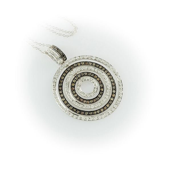 White gold necklace with 5 concentric circles pendant with white diamonds and Fancy Brown round cut