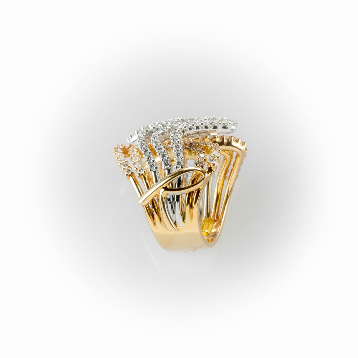 Anello a Fascia Recarlo Realizzato in Oro Bianco e Oro Rosa con una Fantasia di Diamanti