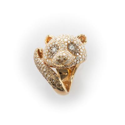 Anello in Oro Rosa Crivelli Panda con Particolari Diamanti Ice, Fancy Brown e Bianchi Taglio Bril...