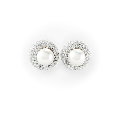 Orecchini in Oro Bianco Recarlo con Grande Perla Australiana su un'importante Pavè di Diamanti Ta...