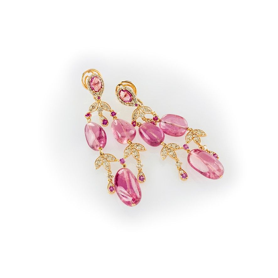 Orecchini Pendenti Gismondi in Oro Rosa con Diamanti Fancy Brown, Topazi Rosa e Zaffiri Rosa