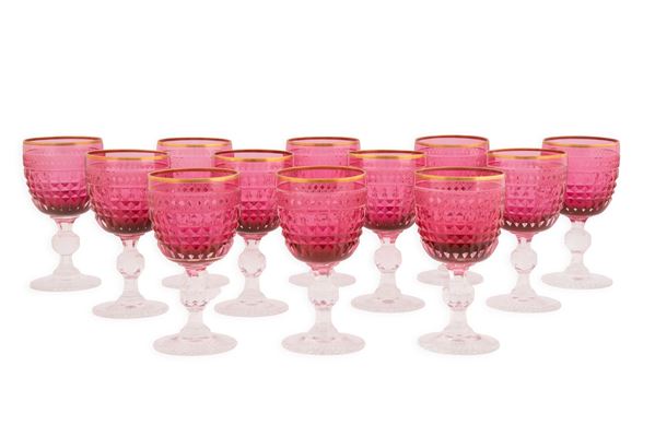 Servizio i 12 bicchieri in vetro rosa bordati oro 