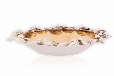 Centrotavola in Argento Cerfagli con Interno Dorato a Vermeil e Bordo Decorato a Ramo D'ulivo