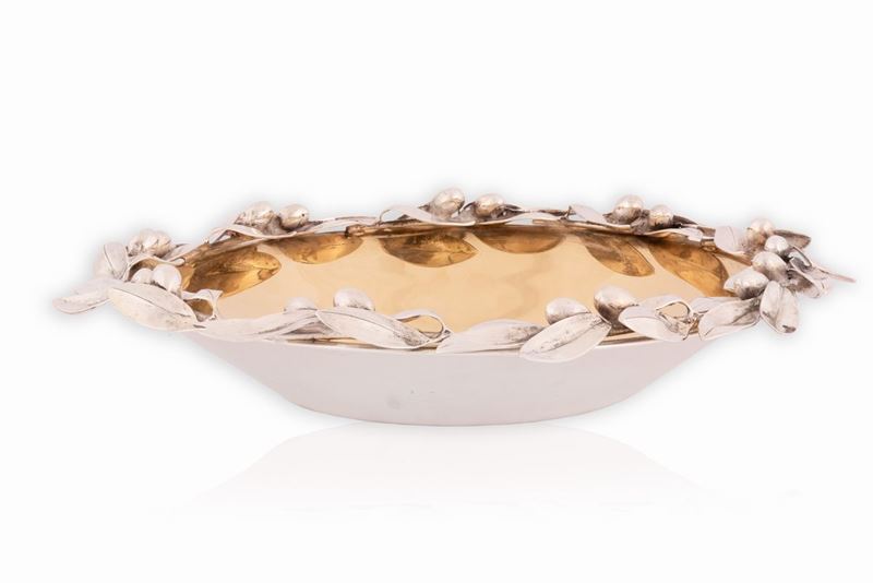 Centrotavola in Argento Cerfagli con Interno Dorato a Vermeil e Bordo Decorato a Ramo D'ulivo