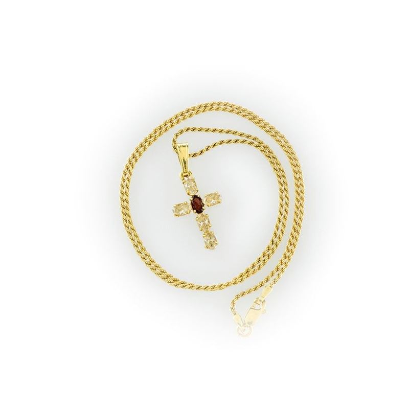 Catenina in Oro Giallo 18 Kt con Ciondolo Croce e Pietre Ovali
