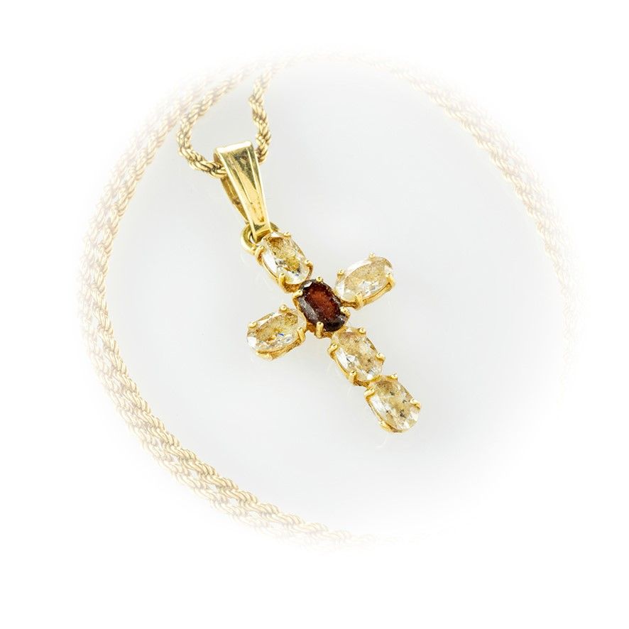 Catenina in Oro Giallo 18 Kt con Ciondolo Croce e Pietre Ovali