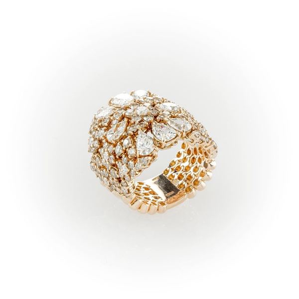Gismondi pink gold soft band ring with fancy brown brilliant cut diamonds, brilliant cut and drop cut white diamonds