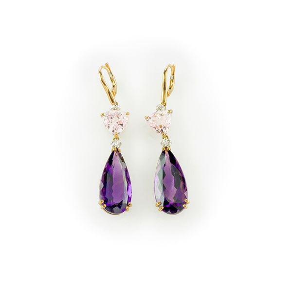Earrings in rose gold with large drop amethyst, kunzite and brilliant cut white diamonds
