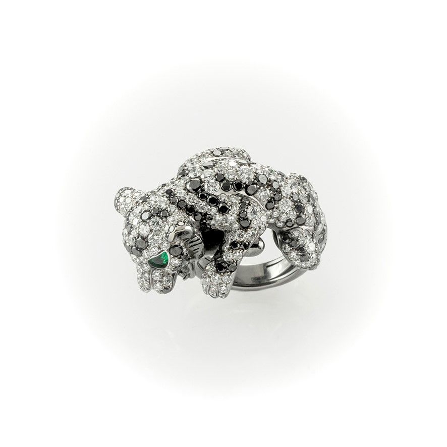 Anello Gismondi Leopardo in Oro Bianco Brunito con Diamanti Bianchi, Diamanti Neri e Smeraldi