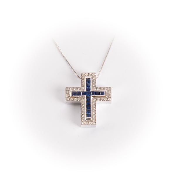 Salvini cross in white gold with brilliant cut diamonds and princess cut sapphires