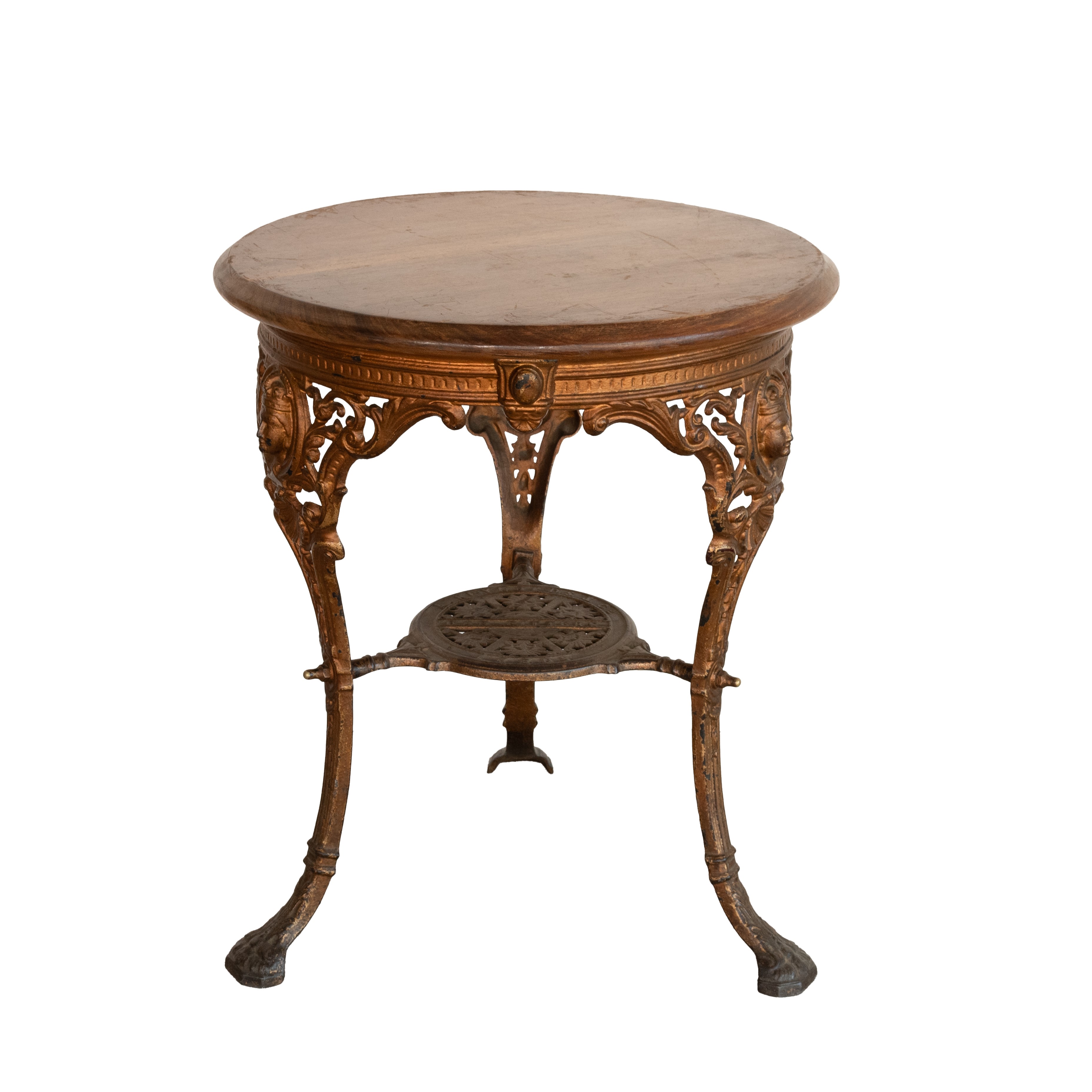 Tavolino in ghisa dorata con piano in legno. Inghilterra, fine del XIX secolo