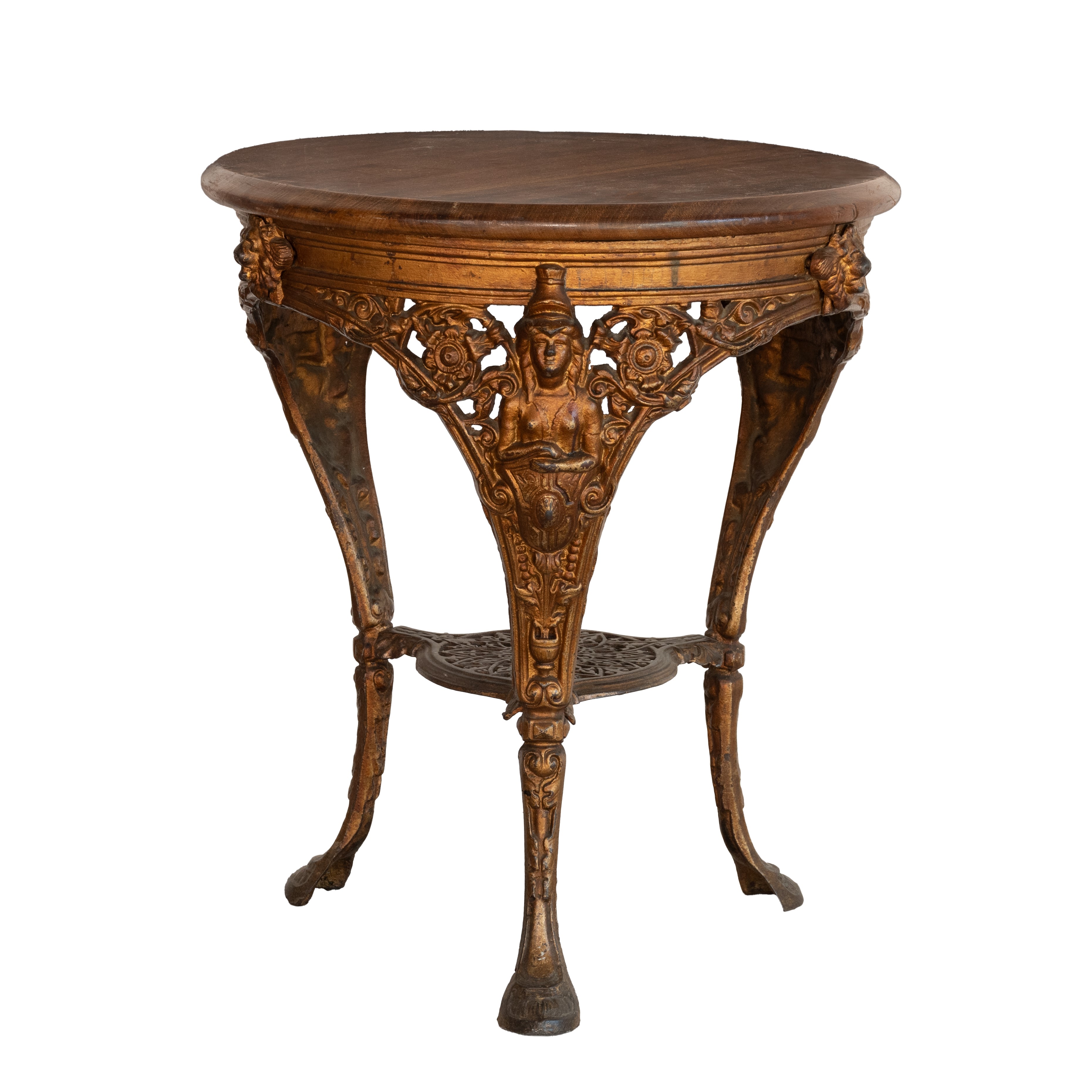 Tavolino in ghisa dorata con piano in legno. Inghilterra, fine del XIX secolo