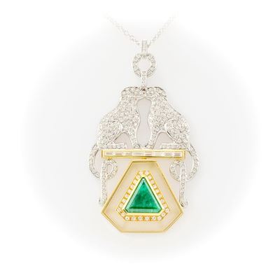 Girocollo in Oro Bianco 18 Kt con Ciondolo di Particolare ed Esclusiva Manifattura con Due Panter...
