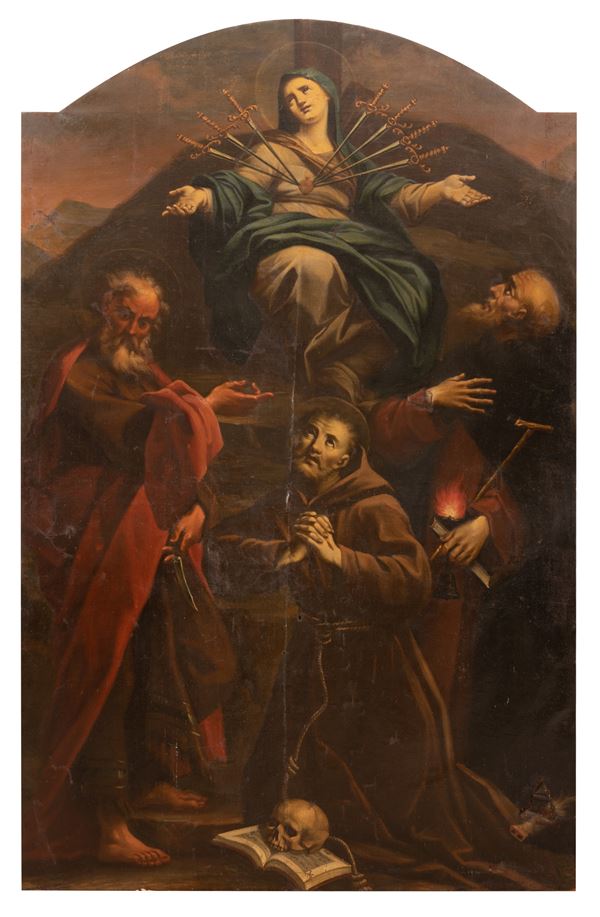 Pittore marchigiano del XVII secolo - Pala d'altare raffigurante la Madonna Addolorata con San Francesco d'Assisi, S. Antonio e e San Bartolomeo