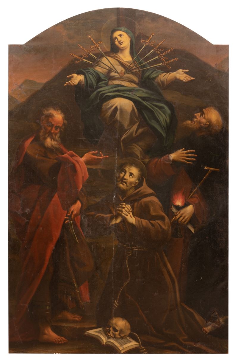 Pala d'altare raffigurante la Madonna Addolorata con San Francesco d'Assisi, S. Antonio e San Bar...