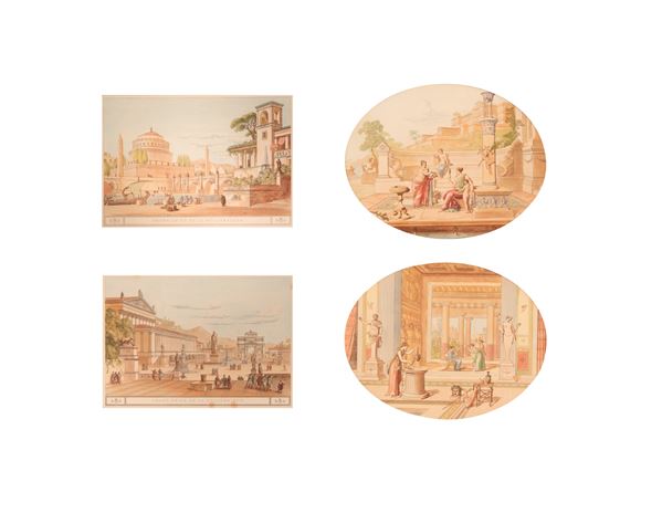 Lotto di quattro incisioni acquerellate, due raffiguranti "Frontispice de Livraison" e due ovali con "Scene Pompeiane" 
