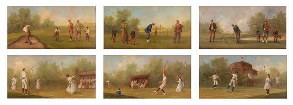 Lotto di sei dipinti  giocatori di golf e di tennis firmati in basso "C.M."