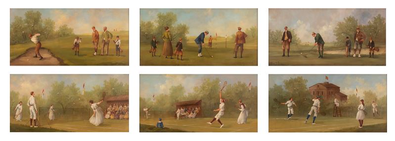 Lotto di Sei Dipinti Giocatori di Golf e di Tennis Firmati in Basso "C.M."