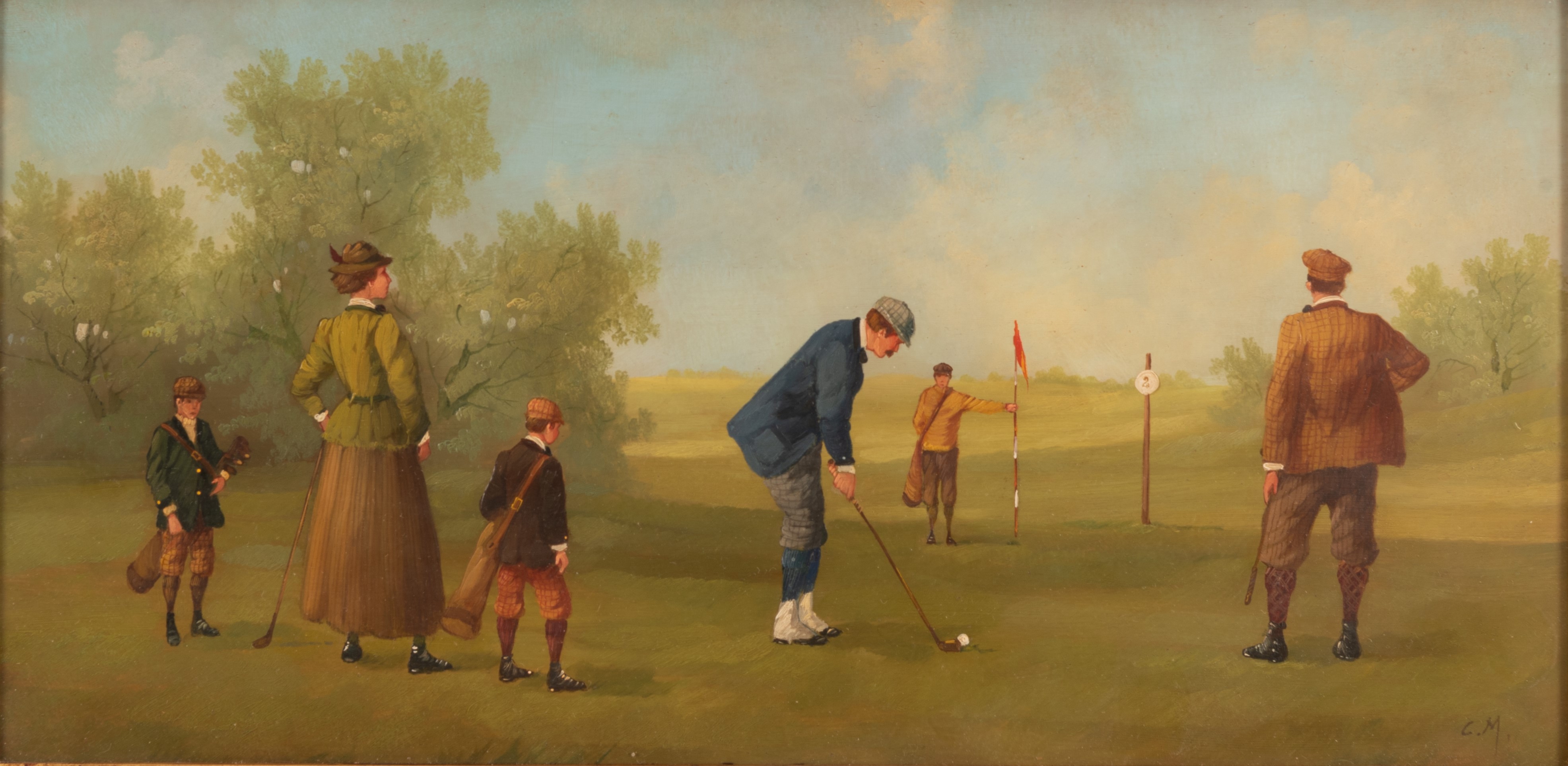 Lotto di Sei Dipinti Giocatori di Golf e di Tennis Firmati in Basso "C.M."