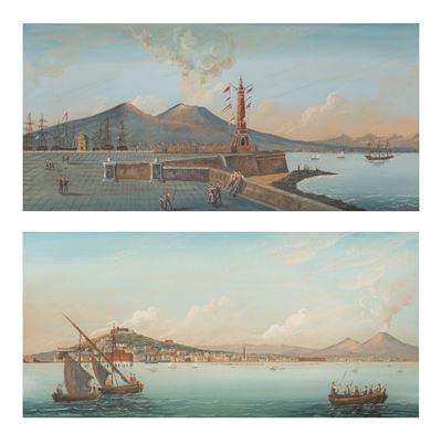 Coppia di Gouaches Raffiguranti il Porto di Napoli e Napoli al Mare