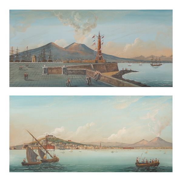 Coppia di gouaches raffiguranti Il porto di Napoli e Napoli al mare 