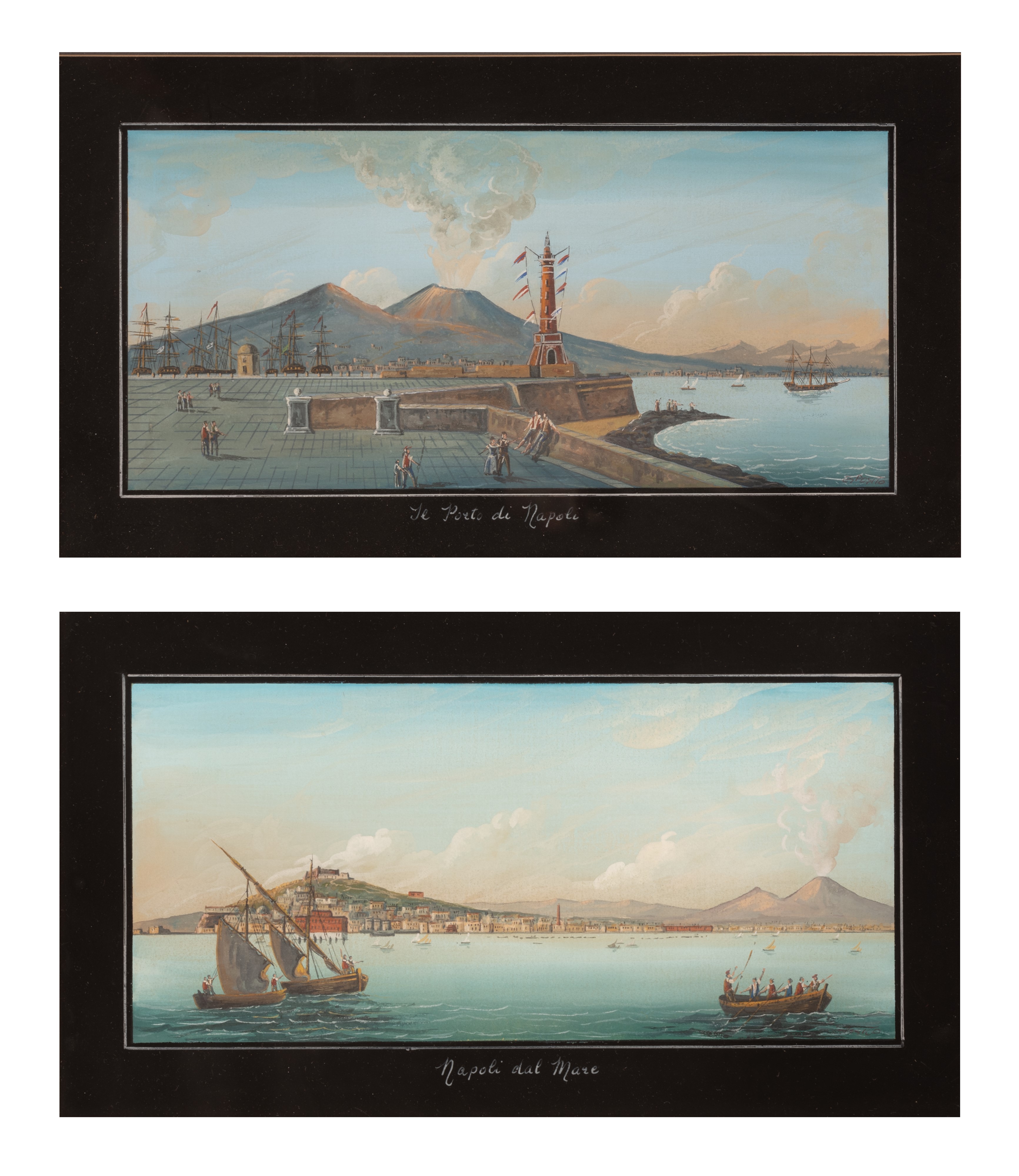 Coppia di Gouaches Raffiguranti il Porto di Napoli e Napoli al Mare