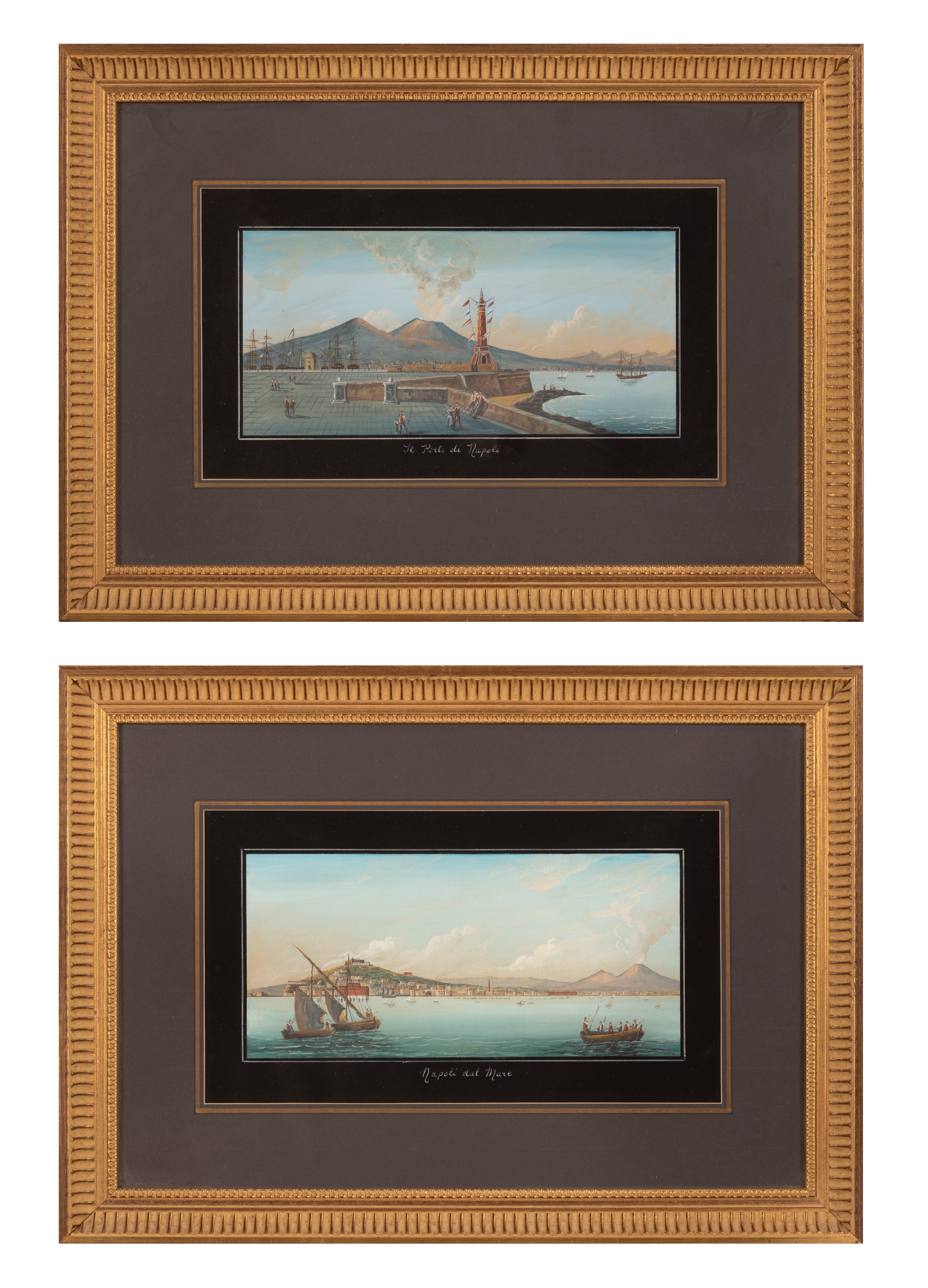 Coppia di Gouaches Raffiguranti il Porto di Napoli e Napoli al Mare