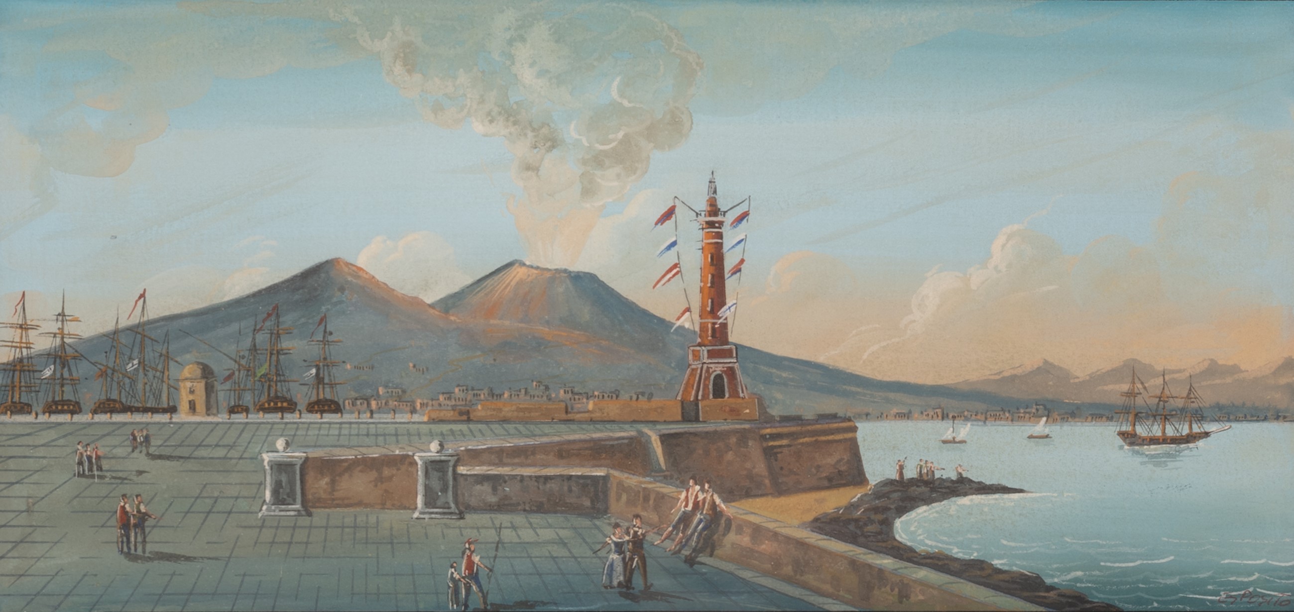 Coppia di Gouaches Raffiguranti il Porto di Napoli e Napoli al Mare