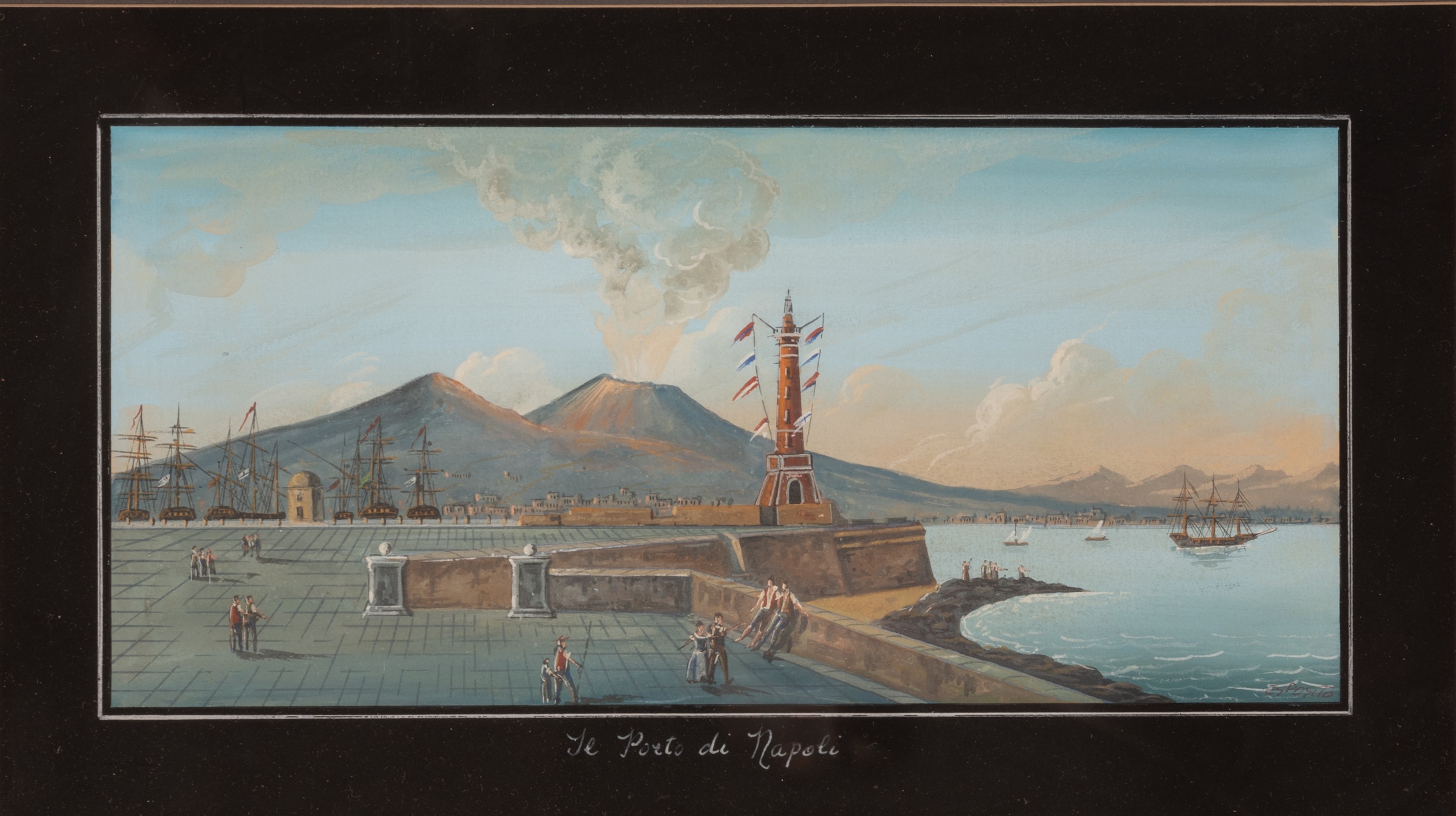 Coppia di Gouaches Raffiguranti il Porto di Napoli e Napoli al Mare
