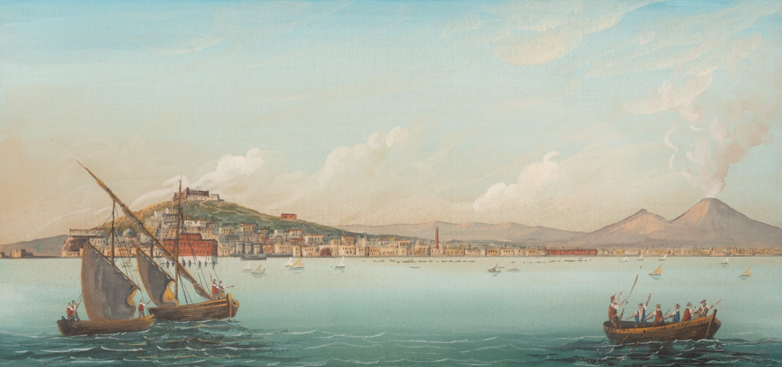 Coppia di Gouaches Raffiguranti il Porto di Napoli e Napoli al Mare