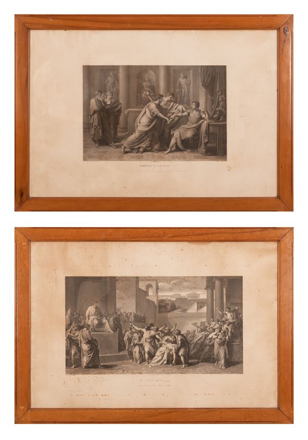 Coppia di grandi incisioni raffiguranti "Pompeo il Grande" e "La Morte di Virginia"