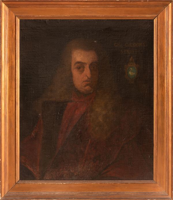 Pittore veneto del XVIII secolo - Ritratto del mercante Giovanni Giacomo Cicogna (1695-1764) con a lato lo stemma del casato sormontato da iscrizione a caratteri capitali  GIO. CICOGNA SENATOR.
