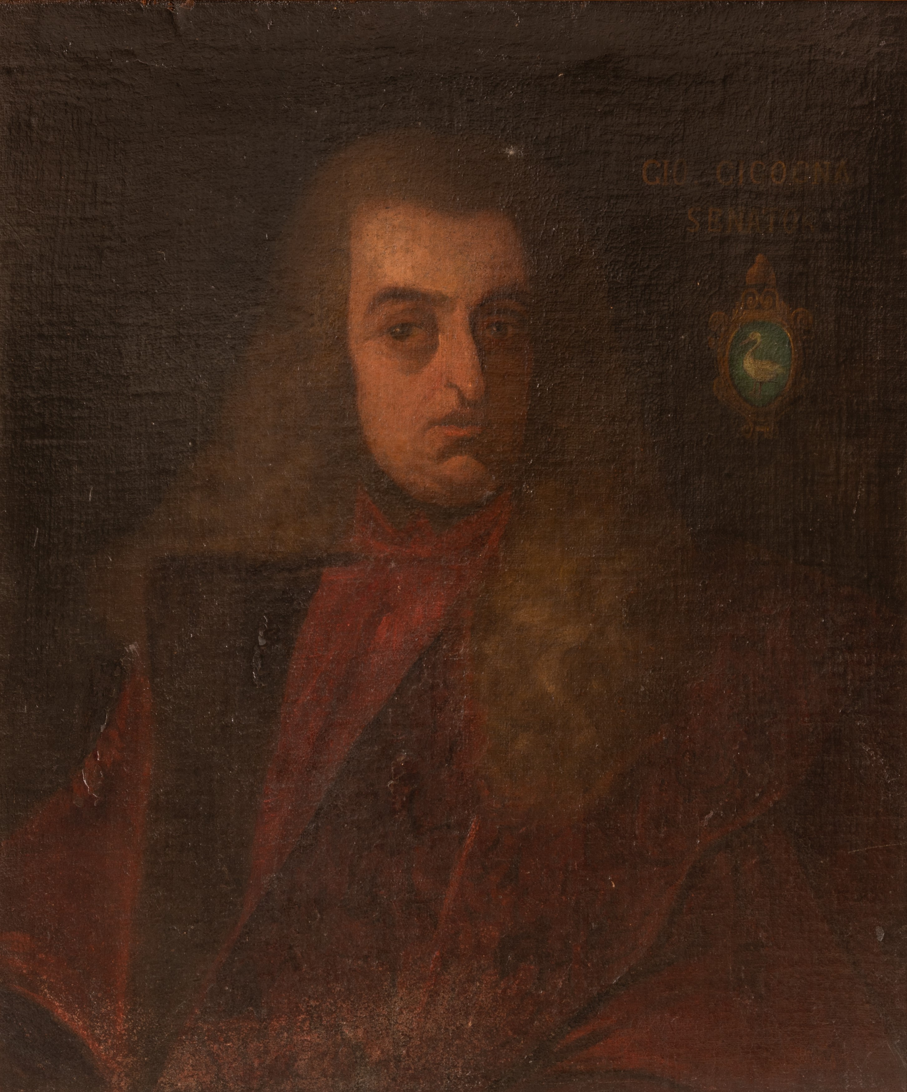 Ritratto del mercante Giovanni Giacomo Cicogna (1695-1764) con a lato lo stemma del casato sormon...