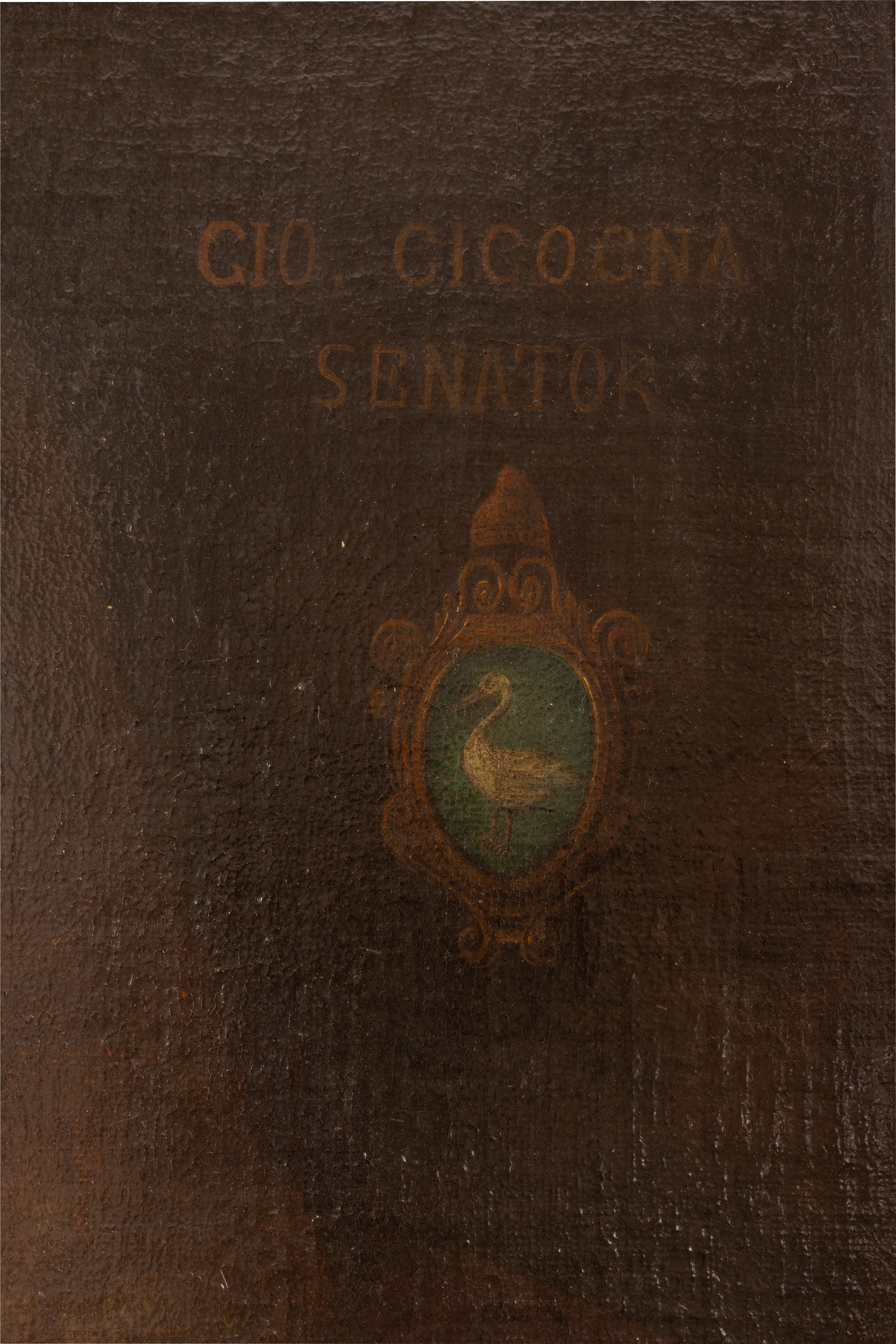 Ritratto del mercante Giovanni Giacomo Cicogna (1695-1764) con a lato lo stemma del casato sormon...