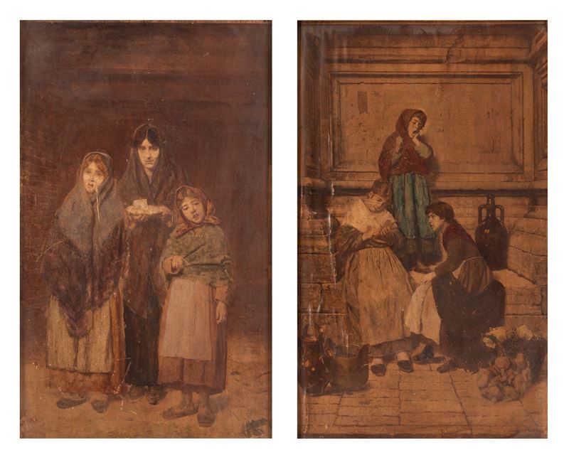 Due Stampe Applicate su Tavola Raffiguranti Scene di Genere
