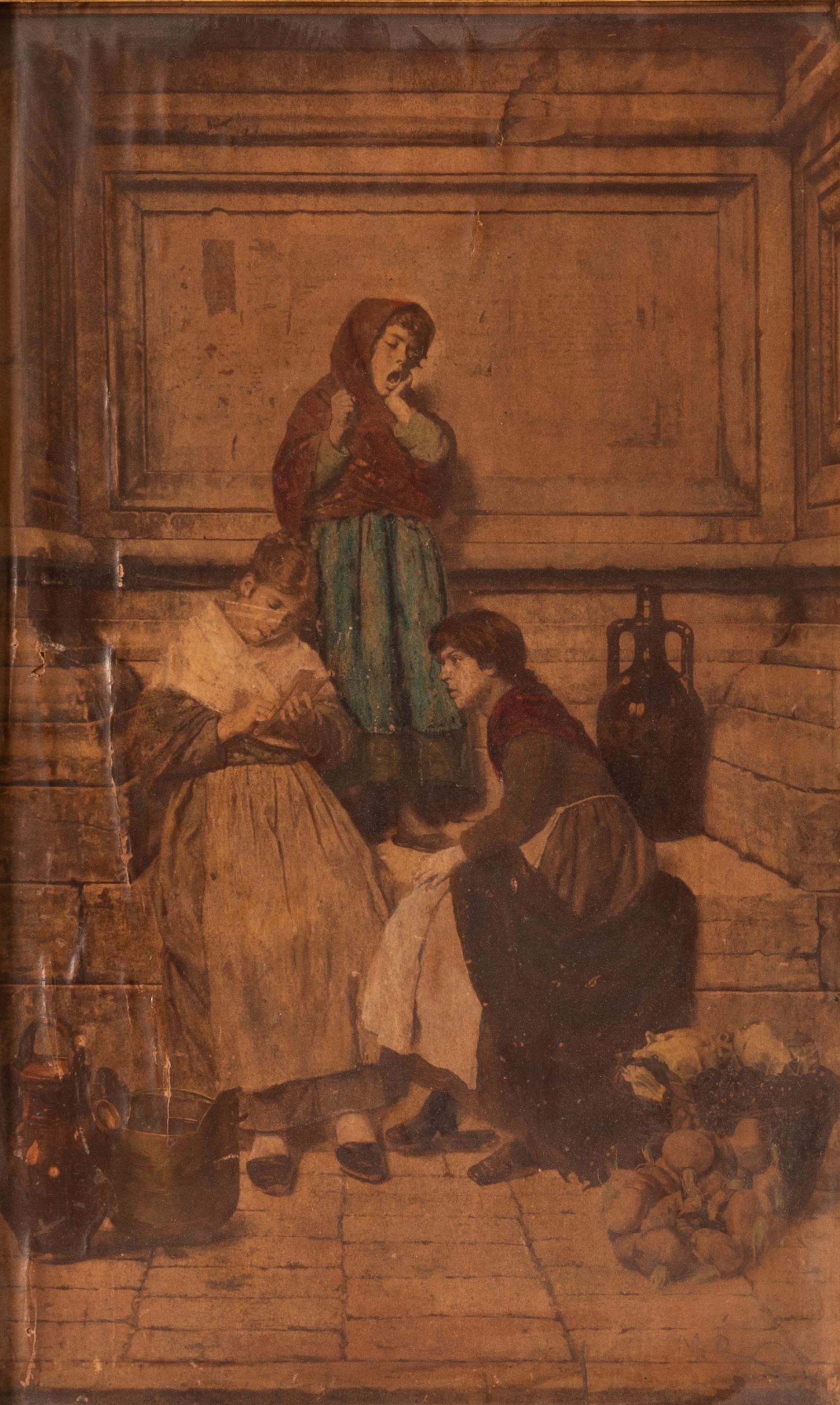 Due Stampe Applicate su Tavola Raffiguranti Scene di Genere