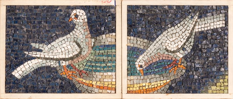 Coppia di Mosaici Raffiguranti Colombe