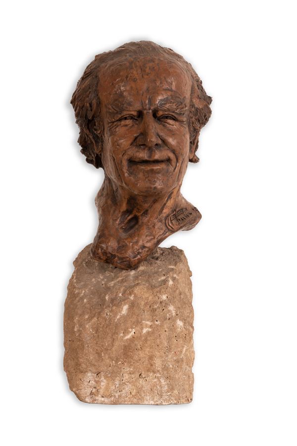 Scultura in terracotta base in pietra "Volto Mascile"