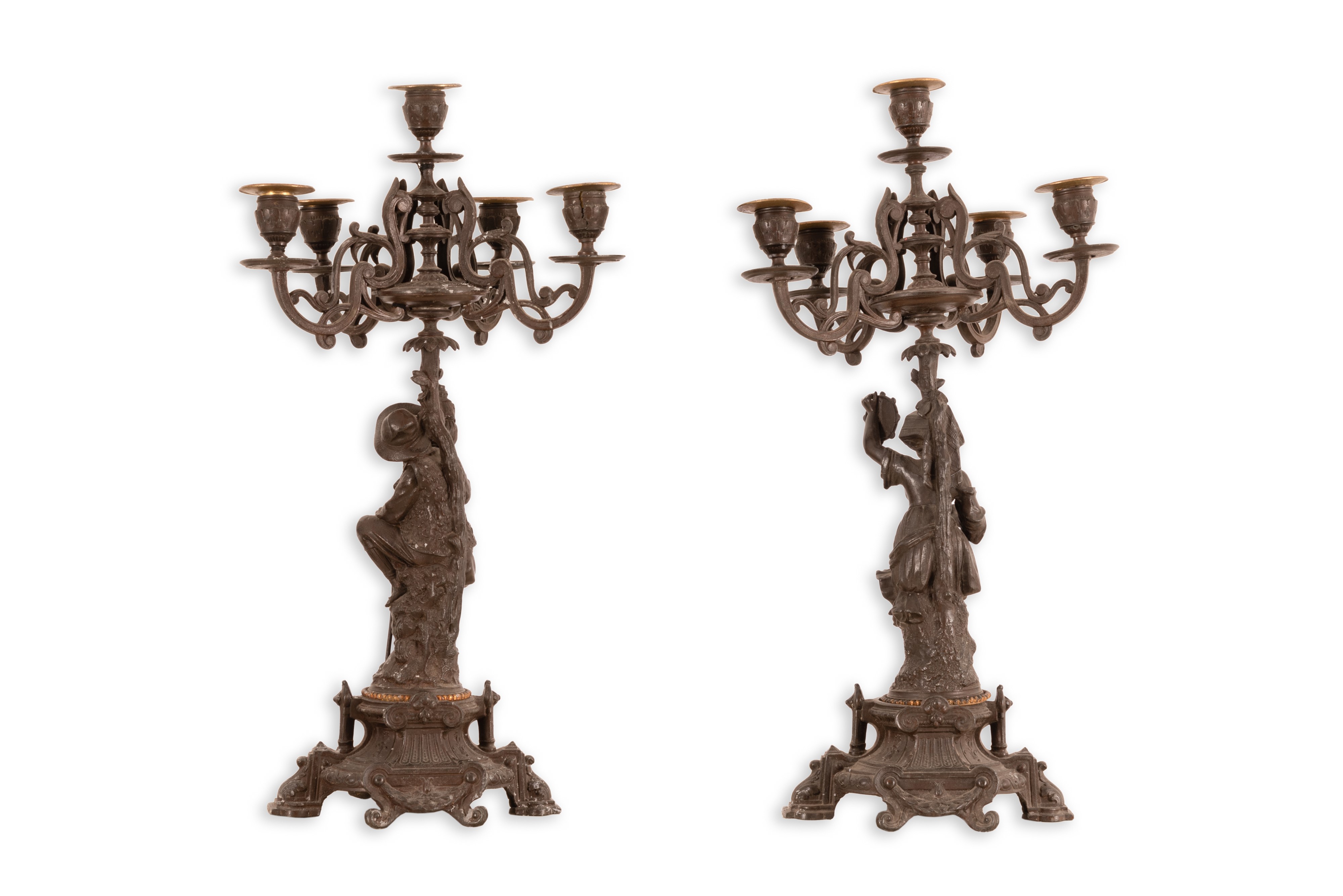 Coppia di Candelabri in Bronzo Brunito a Cinque Luci