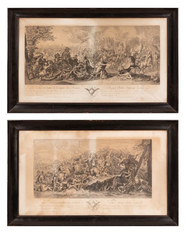 Coppia di incisioni di scuola francese su disegno di Charles Le Brun 