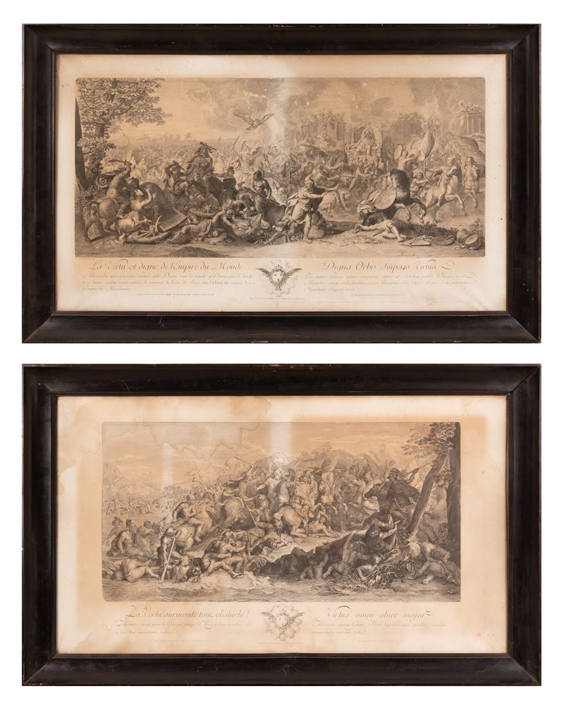 Coppia di Incisioni di Scuola Francese su Disegno di Charles le Brun